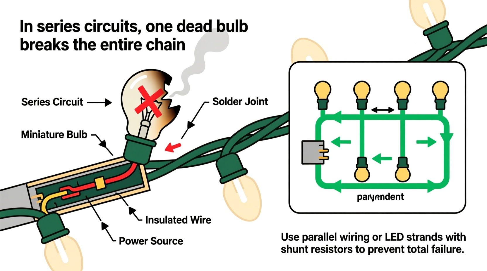 why does my christmas light strand go dark when one bulb fails and how to prevent it