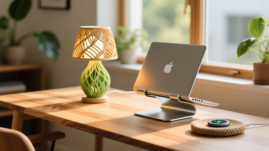 Sustainable home office desk with a plant-based 3D printed lamp, recycled aluminum laptop stand, and hemp-fiber wireless charger in warm sunlight