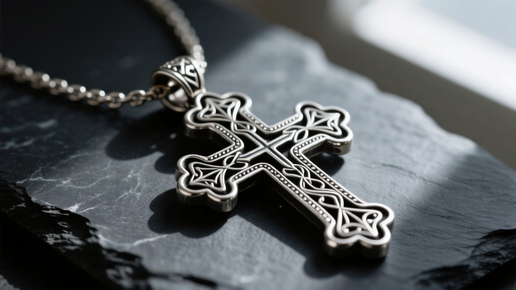 Close-up of a heavy, filigreed sterling silver Coptic cross necklace on dark slate, highlighting intricate oxidized details.