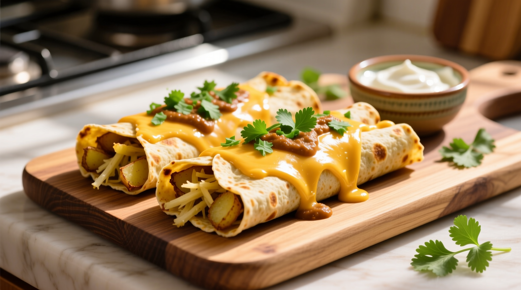 Golden potato enchiladas with melted cheese and fresh cilantro