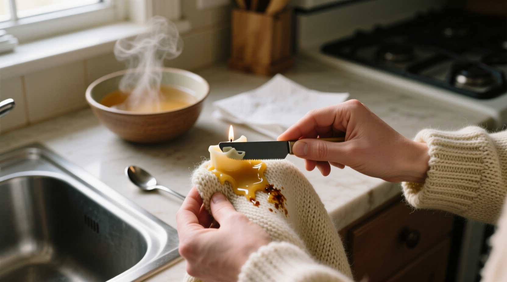 how to remove candle wax from wool sweater
