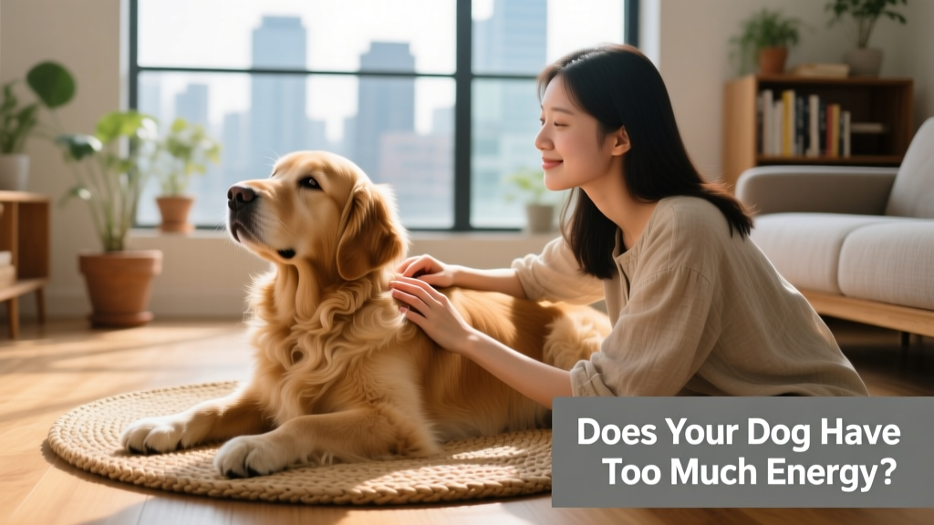 A dog calmly resting on a mat while a person gently pets them