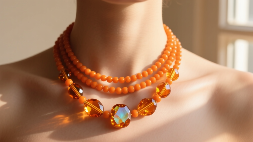 Close-up of a collarbone wearing a layered orange bead necklace with lampwork glass and sunstone catching warm sunlight