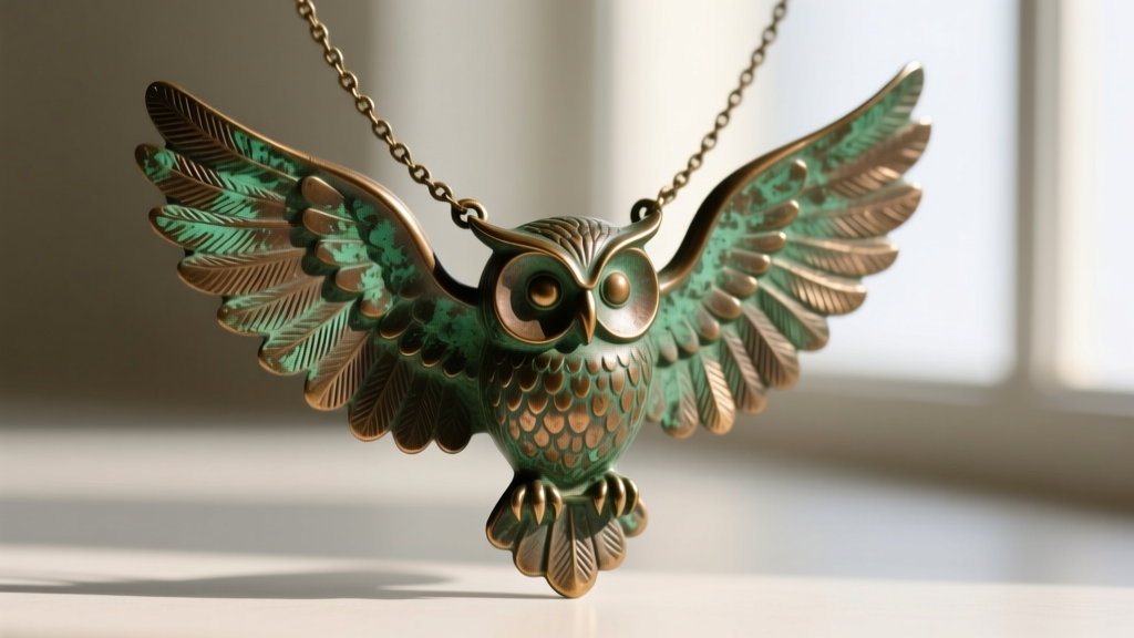 Macro photography of a cast bronze owl necklace showing natural green and brown patina oxidation on the wings and textured feathers