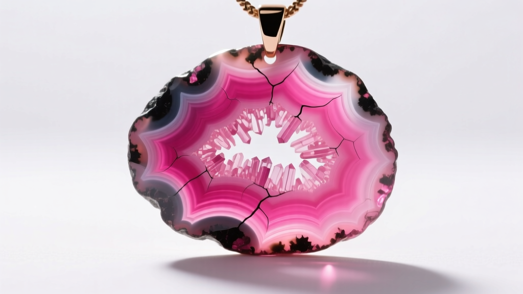Macro photo of vibrant neon pink dyed agate slice pendant showing concentrated dye pooling in microscopic crystalline fractures.