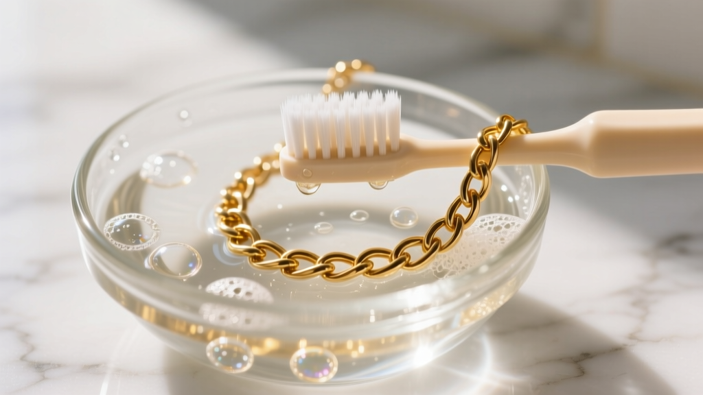 Close-up of a soft baby toothbrush gently scrubbing a gold-plated brass chain necklace over a small glass bowl of soapy water
