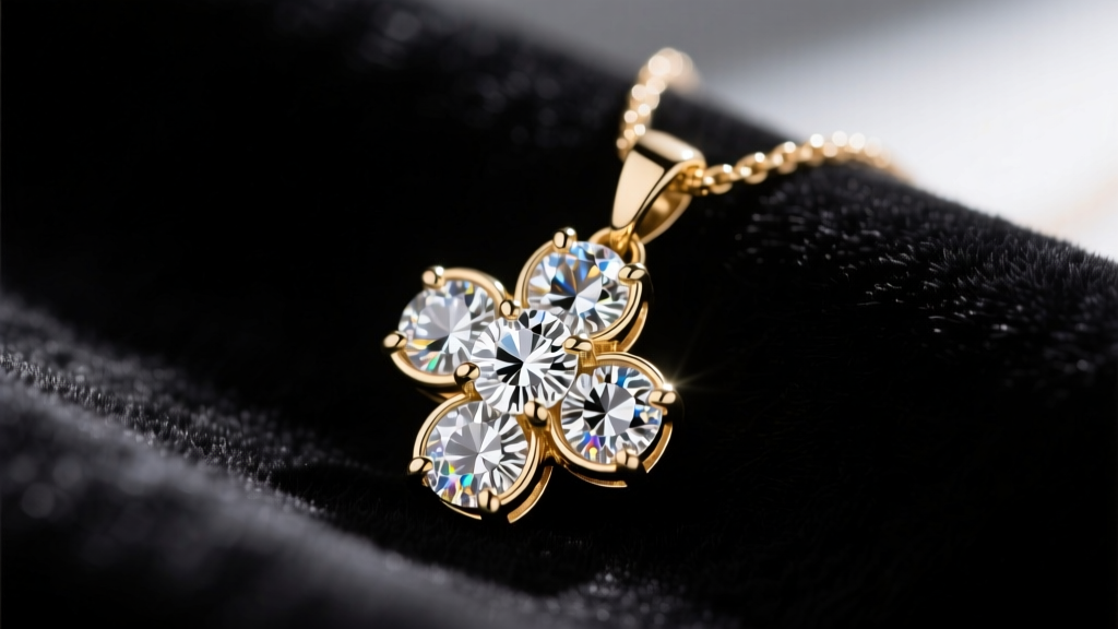 Macro shot of an 18k white gold clover diamond necklace pendant with pavé set VS1 round brilliant diamonds resting on dark velvet