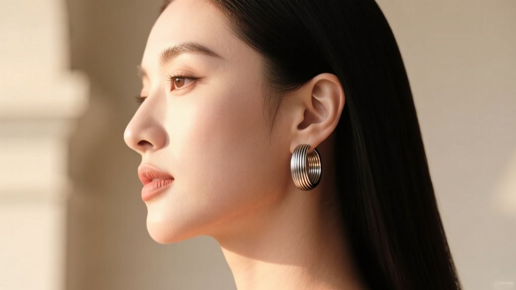 Side profile of a woman wearing lens barrel huggie earrings in brushed titanium, showcasing the ridged texture against her jawline