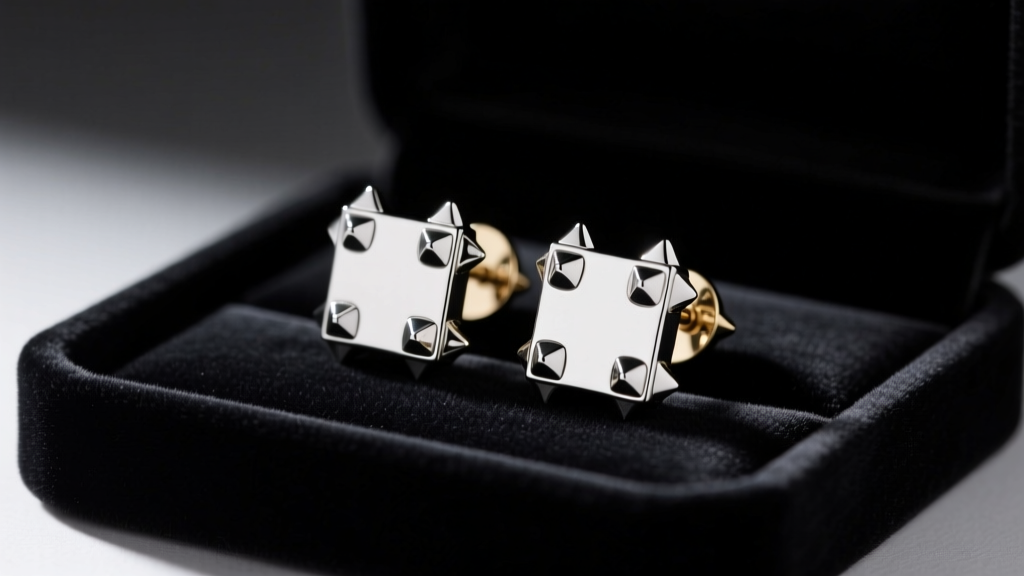 Macro photo of authentic Valentino brass Rockstud earrings with palladium finish resting on a black velvet jewelry tray