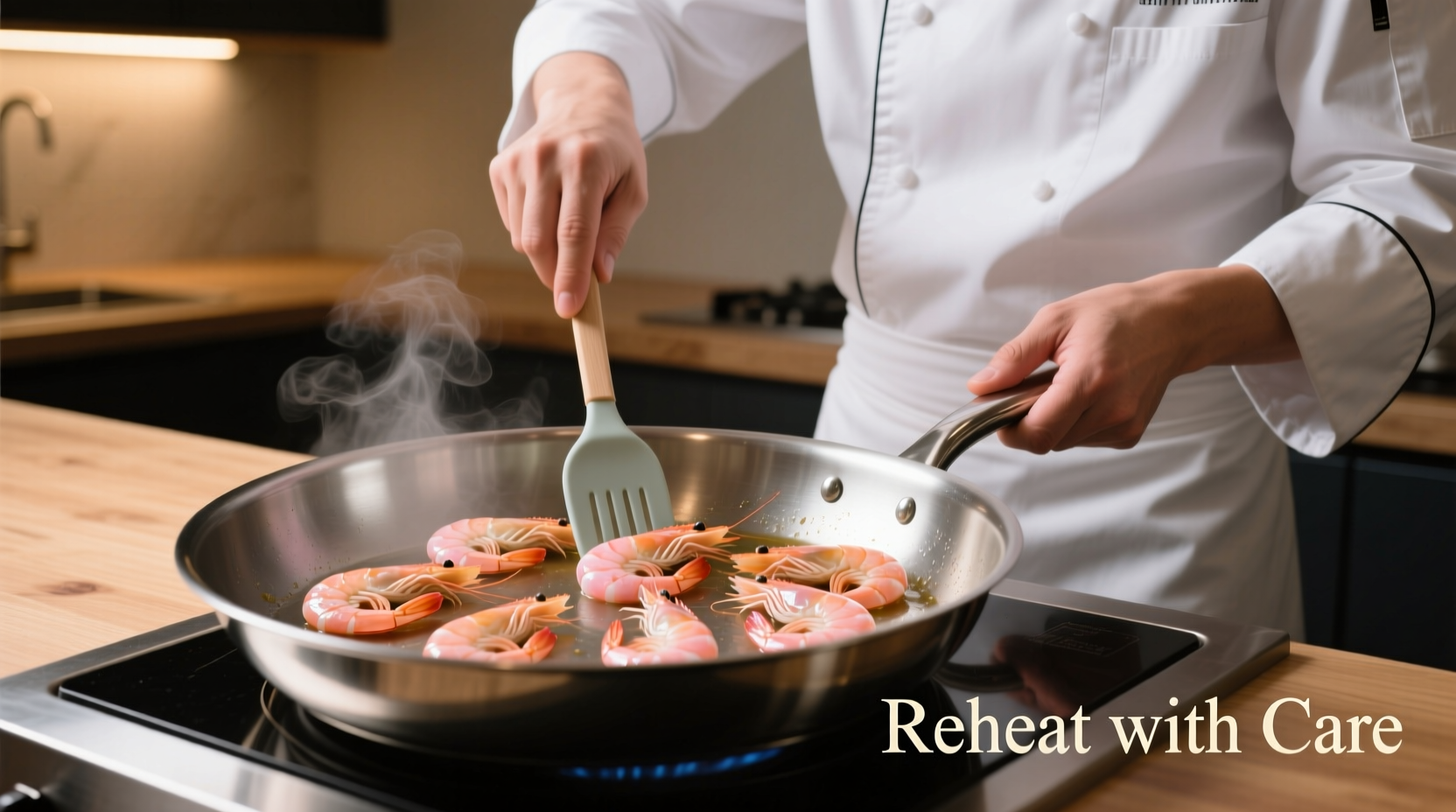 Chef gently reheating pre-cooked shrimp in stainless steel pan
