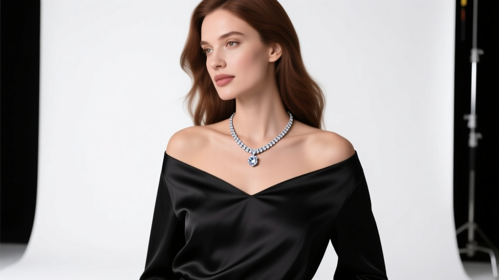 Woman in an off-shoulder black silk blouse wearing a delicate 5-carat fake titanic necklace replica on a thin silver box chain.