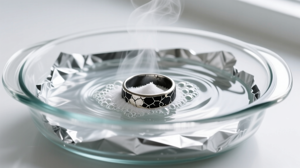 Glass baking dish lined with aluminum foil, holding boiling water, baking soda, and a submerged heavily tarnished silver ring.