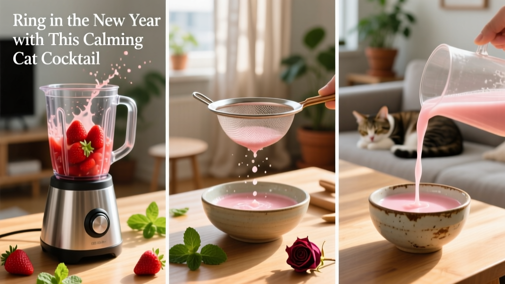Step-by-step collage showing blending strawberries, straining the mixture, and pouring the pink liquid into a small ceramic bowl