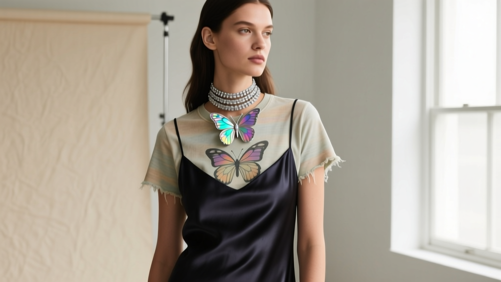 Fashion shot of a model wearing a layered Anna Sui butterfly choker over a faded vintage band tee and dark silk slip dress