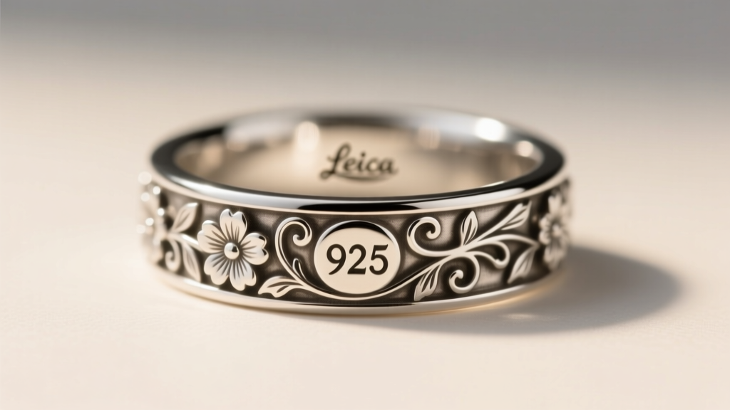 Macro shot of a 925 hallmark stamped inside a vintage-style silver ring, highlighting intricate floral hand-engraving on the band