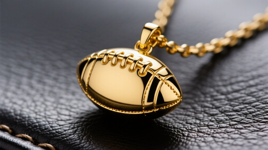 Close-up of a solid 14k yellow gold football charm necklace on dark leather, highlighting textured laces and bright metallic shine.