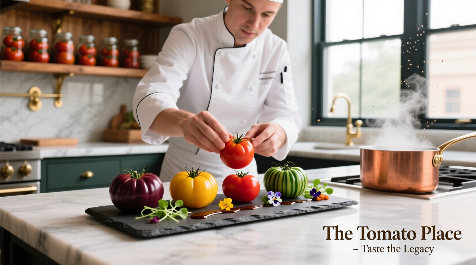 Chef preparing heirloom tomato tasting menu at The Tomato Place