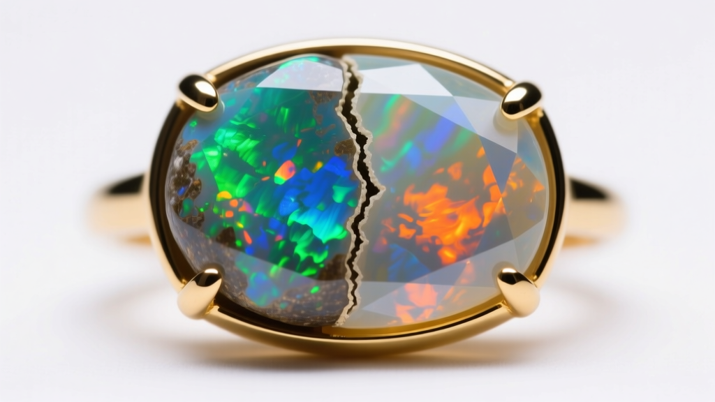 Macro view of solid boulder opal in bezel gold beside an opal doublet showing its visible seam, bright studio lighting.