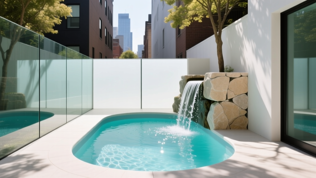 Compact fiberglass plunge pool with integrated stone waterfall and modern glass fencing installed in a narrow urban backyard patio