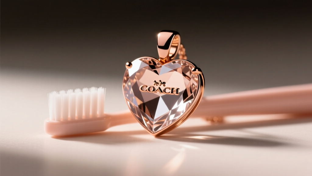 Soft baby toothbrush gently cleaning the crystal edges of a rose-gold Coach heart pendant under warm, diffused studio lighting.