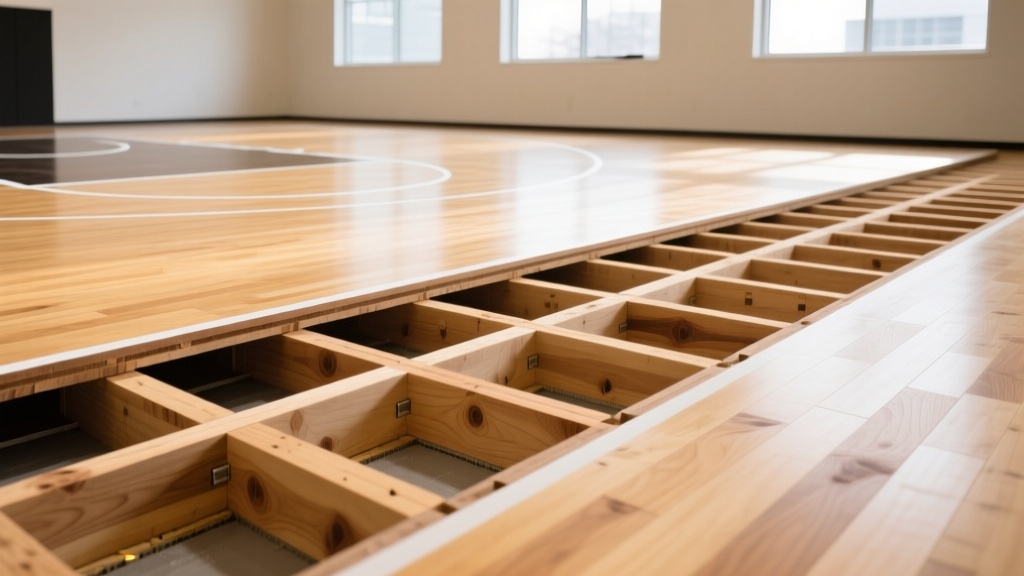Close-up view of maple hardwood basketball court flooring installation showing sleeper subfloor system and unfinished planks before sanding and sealing