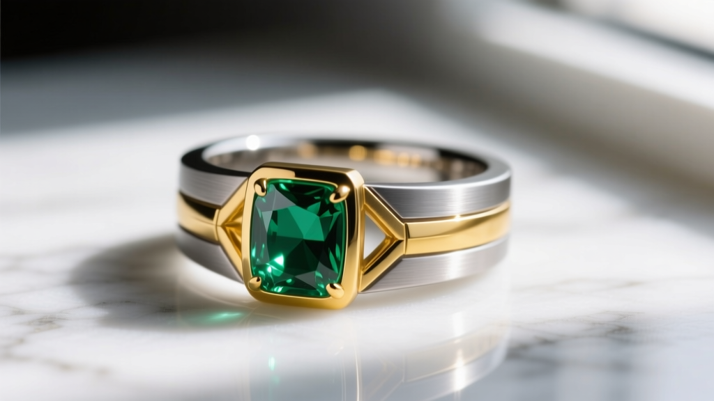 Macro shot of a mixed-metal tension ring with a bezel-set emerald bridging brushed titanium and 18k yellow gold on white marble