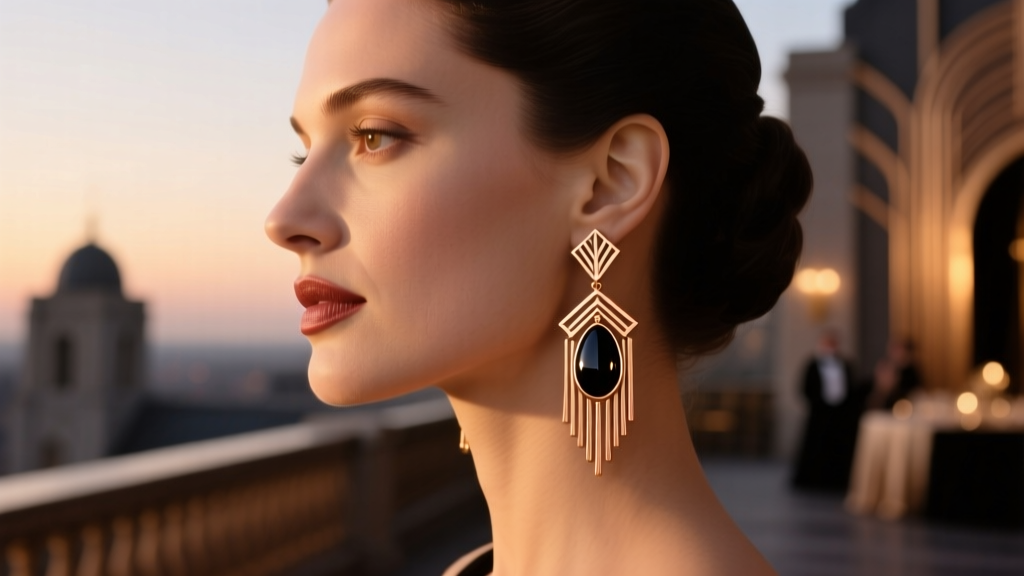 Side profile of a woman wearing 18k rose gold art deco tassel earrings with onyx drops, illuminated by warm evening gala lighting