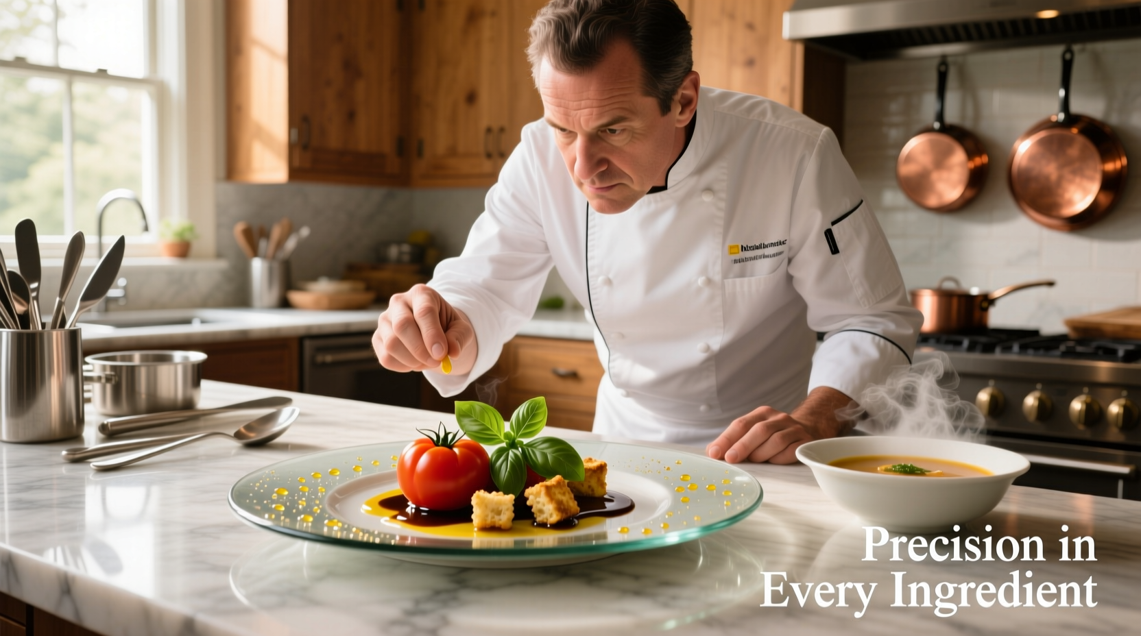 Chef analyzing dish components on kitchen counter