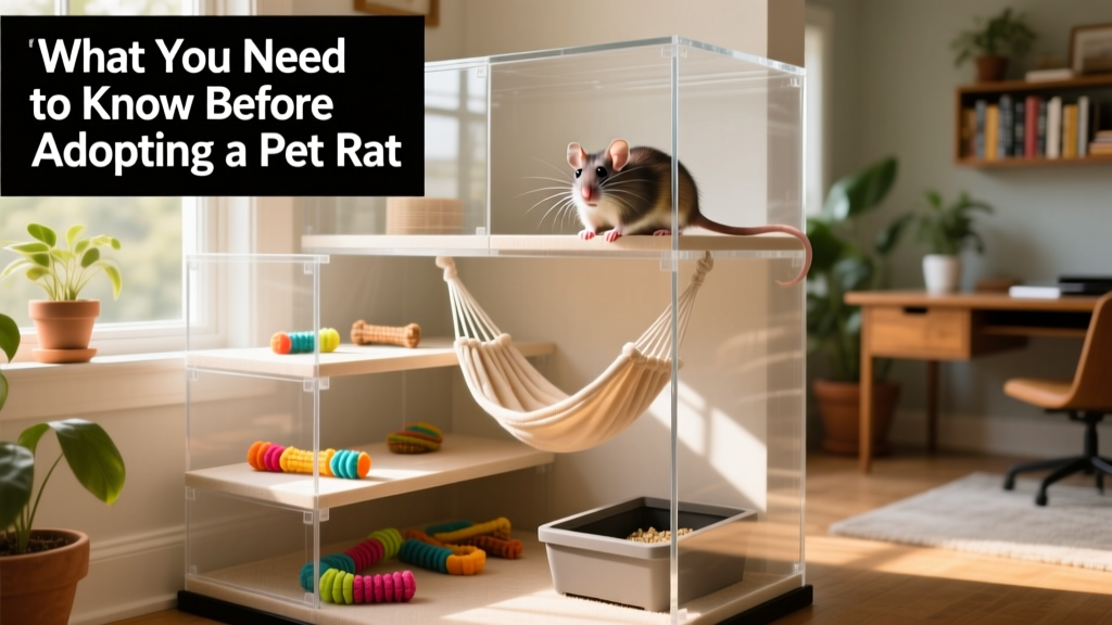 A clean, well-equipped rat habitat with multiple levels, hammocks, chew toys, and a litter box