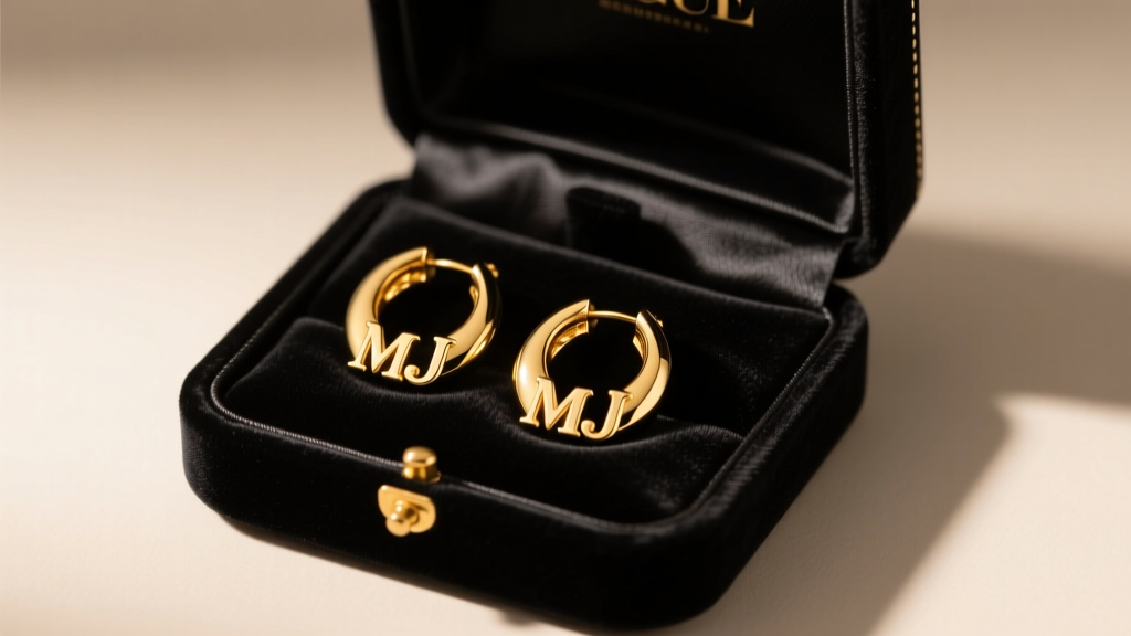 Open velvet box revealing polished 14k gold vermeil MJ hoop earrings on black silk, lit by soft warm studio lighting