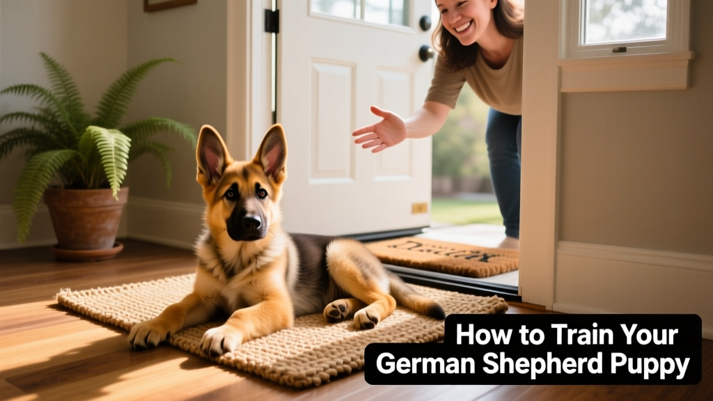 German Shepherd puppy calmly lying on a mat beside a front door while owner greets a visitor