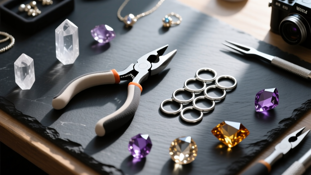 Overhead flat-lay of a jewelry workbench with nylon-jaw pliers, silver jump rings, and raw crystal charms on dark slate.
