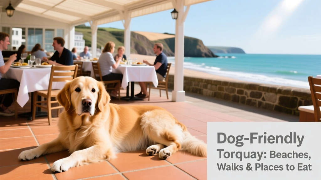 A friendly dog resting on the tiled floor of a sunny, seaside restaurant patio with people dining nearby