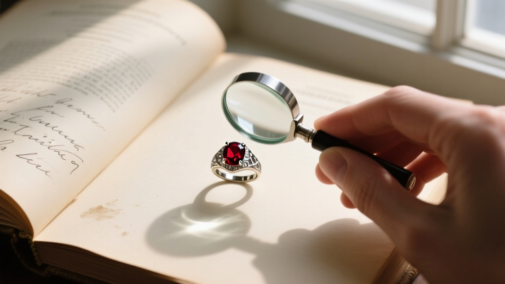 Overhead view of a person using a loupe to inspect a Georgian foil-backed garnet ring while reading printed auction catalog pages