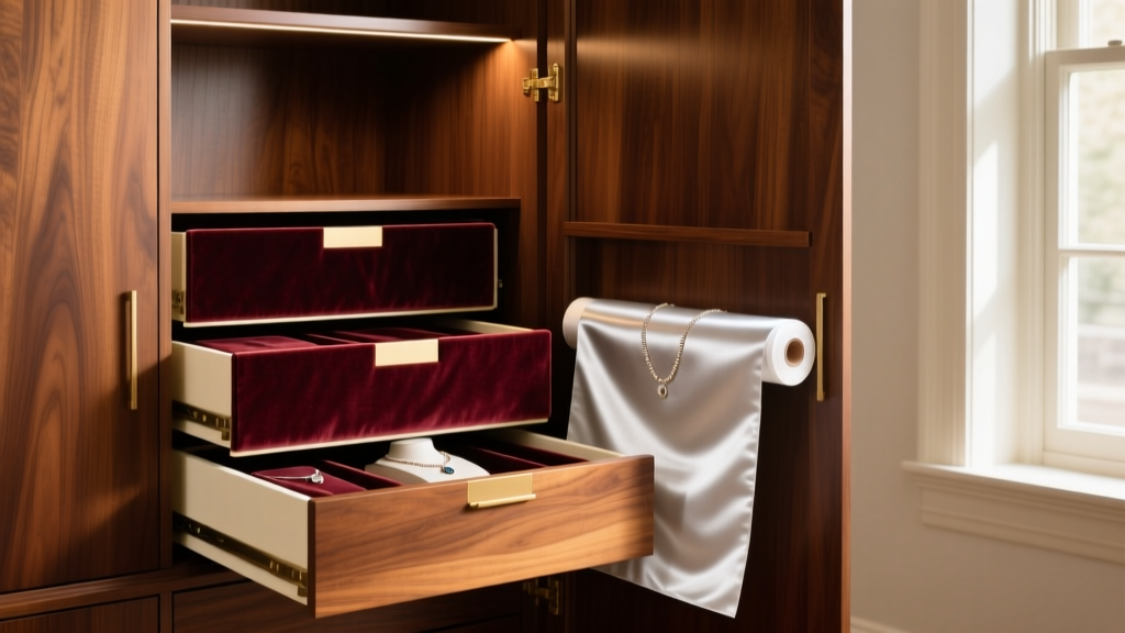 Mahogany armoire showing acid-free velvet drawers and Pacific Silvercloth rolls for fine necklaces in soft warm lighting.
