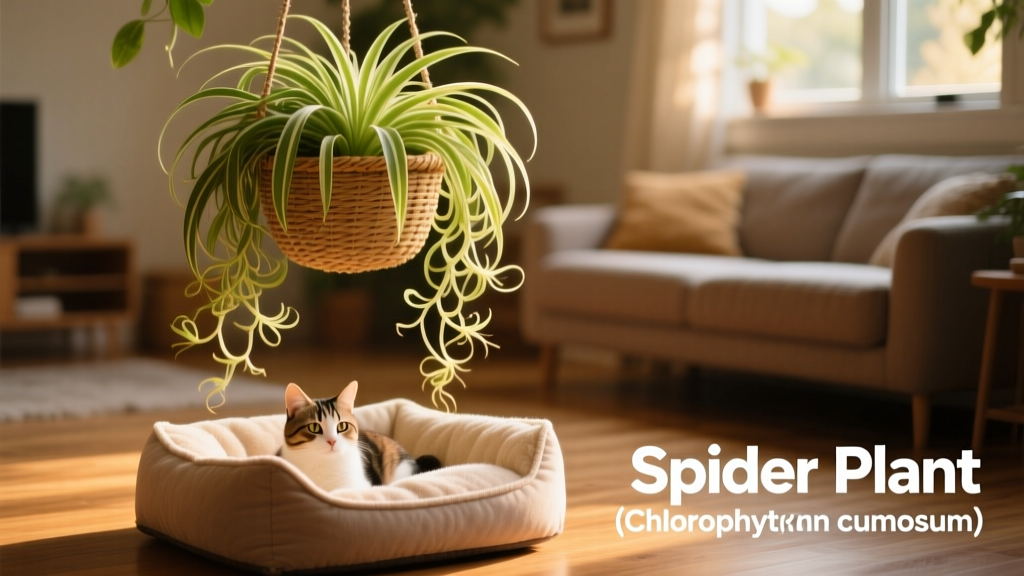 Spider plant cascading from a hanging basket above a cozy pet bed