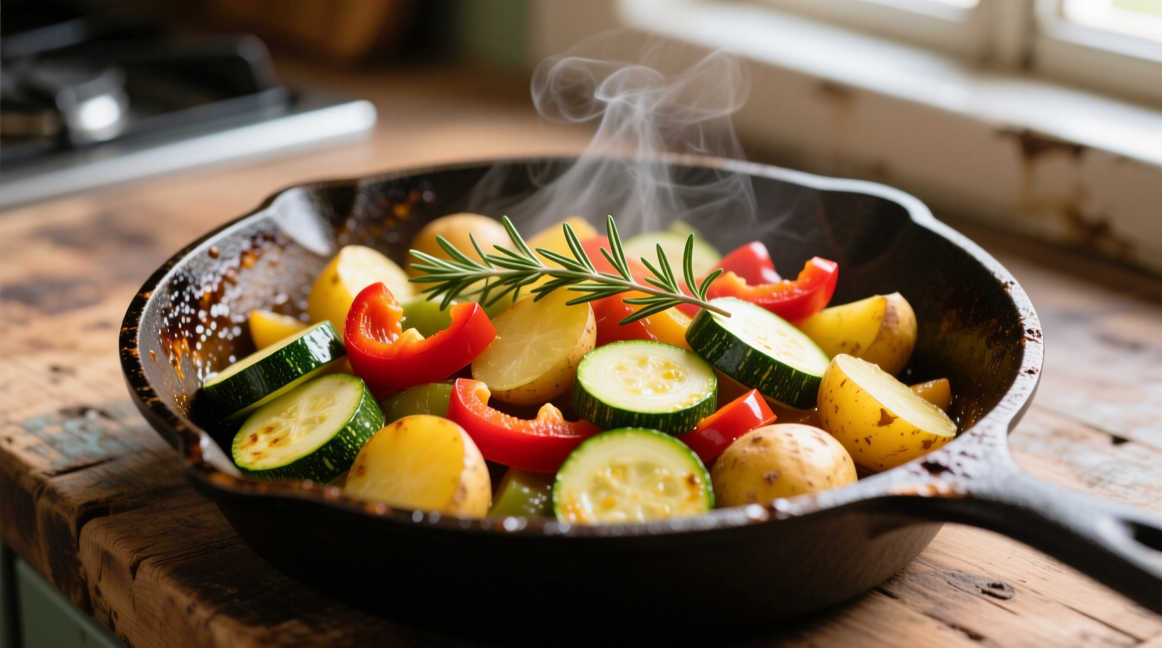 Colorful zucchini and potato medley in cast iron skillet