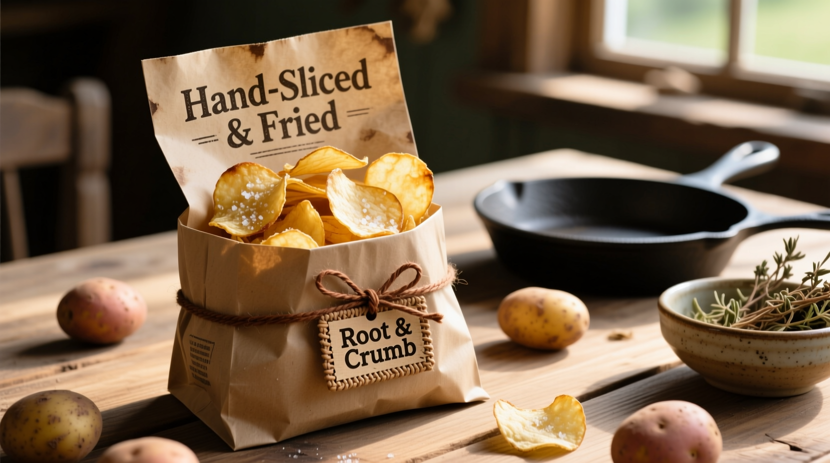 Artisanal potato chips in rustic packaging