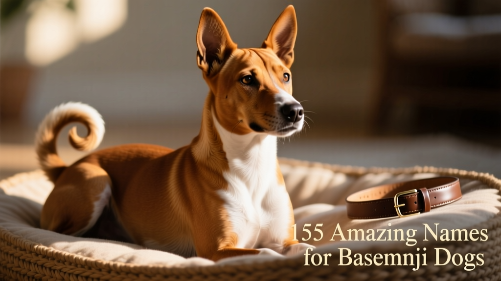 A close-up portrait of a Basenji with expressive eyes and tightly curled tail, showcasing their distinctive wrinkled forehead and alert posture