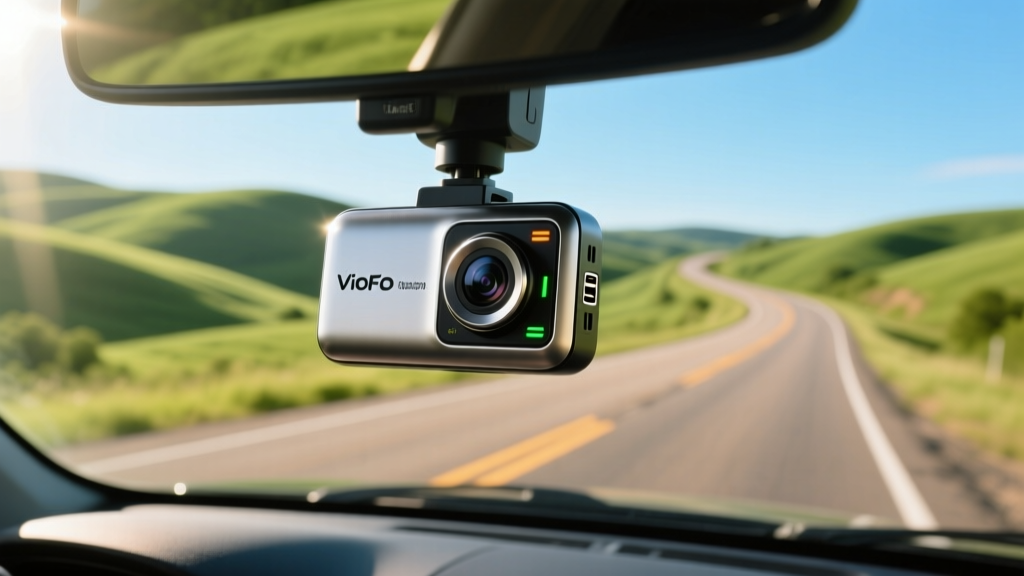 Close-up of a Viofo supercapacitor dash cam mounted on a windshield, capturing a winding Kershaw County highway.