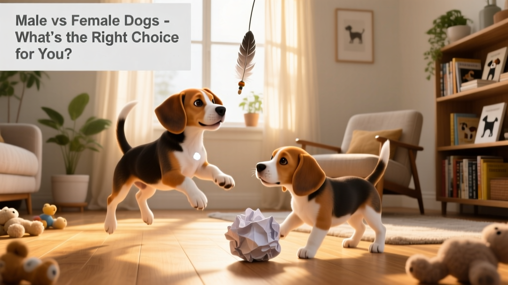 Two playful Beagle puppies exploring a sunlit living room together