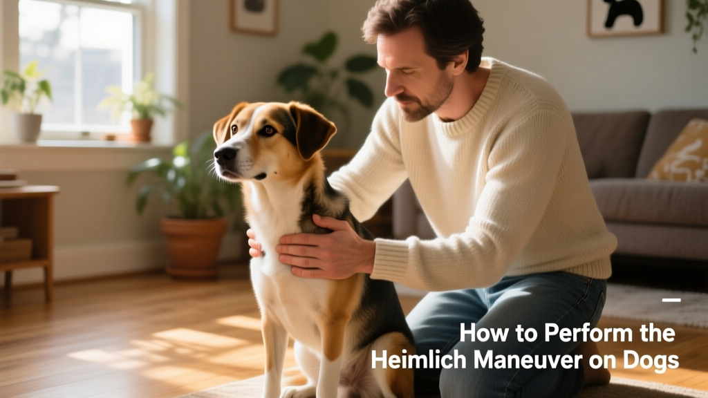 A calm, medium-sized dog sitting beside a person demonstrating proper hand placement for the Heimlich maneuver