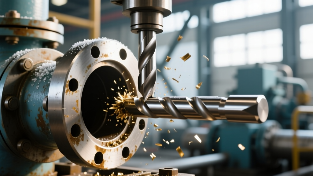 Close-up of an inline boring bar repairing a large diameter pipeline valve body in a natural gas compression station