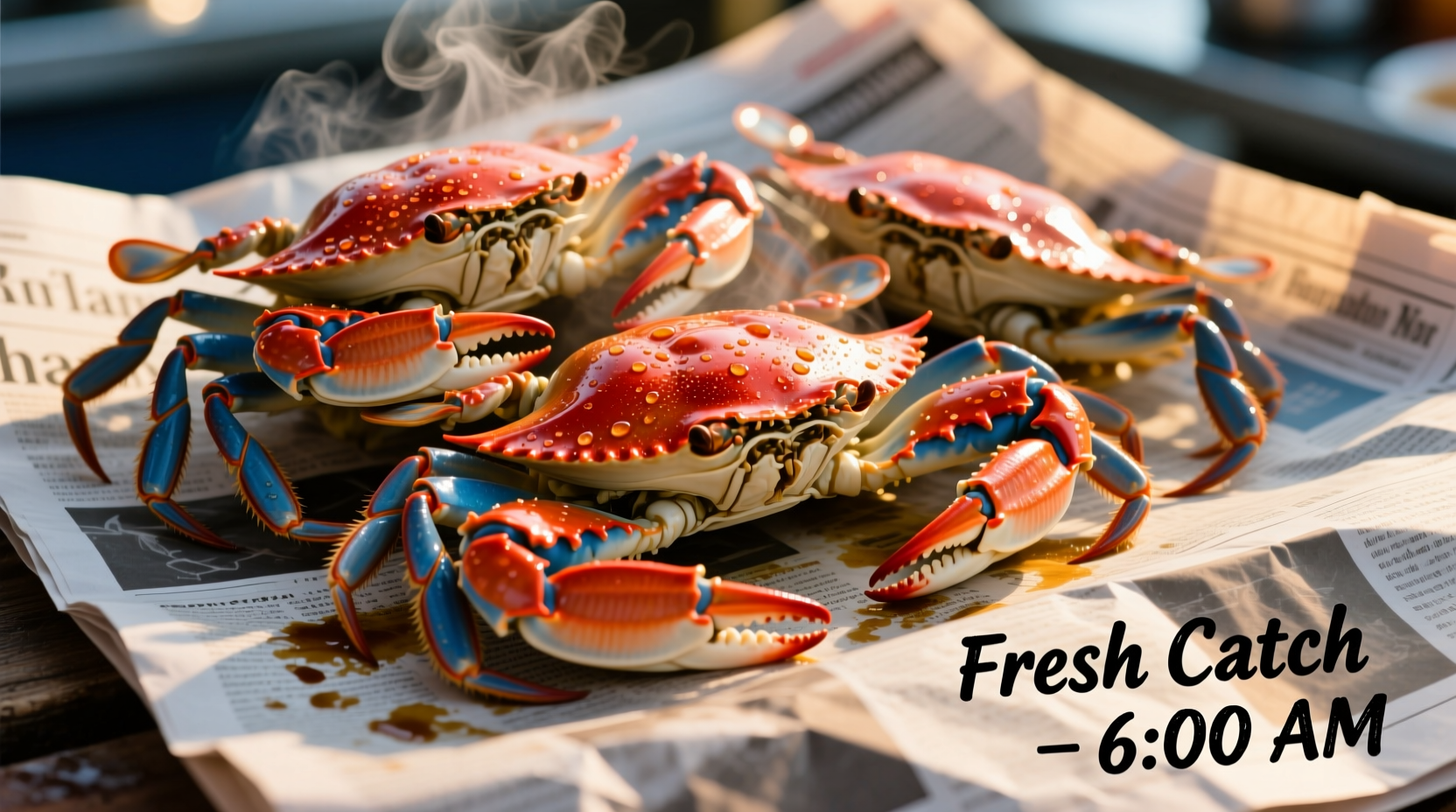 Freshly cooked blue crabs on newspaper