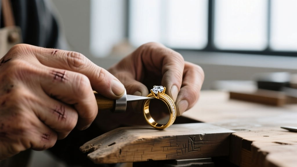 Macro photography of a jeweler's hands using tweezers to set a 2mm round brilliant diamond into a 14k white gold prong setting.