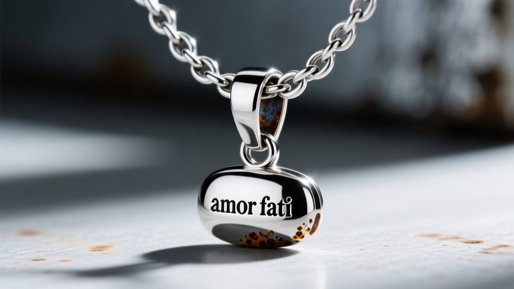 Macro shot of a silver chain on a steel amor fati pendant bail, showing dark galvanic corrosion at the small jump ring connection.