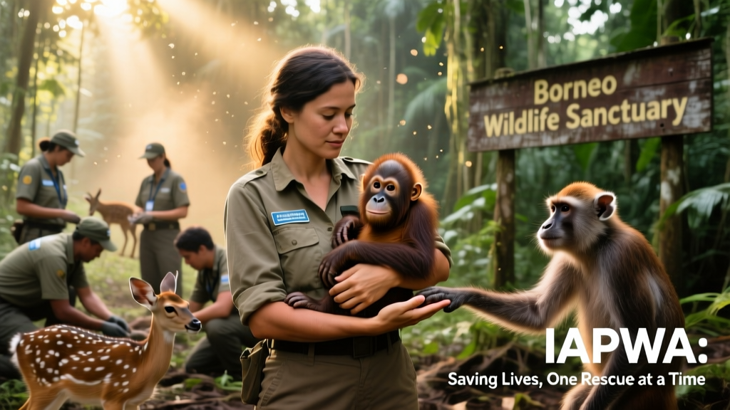Nicky Stevens with rescued dogs in Borneo, surrounded by volunteers and veterinary staff