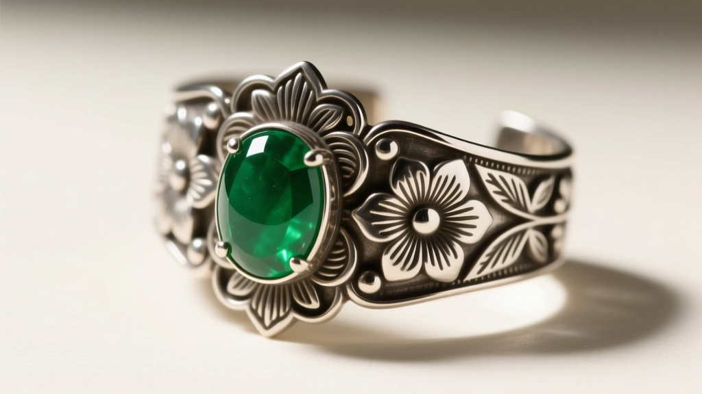 Macro shot of a Mexican repoussé silver ear cuff displaying intricate floral motifs and a bezel-set deep green jadeite cabochon.