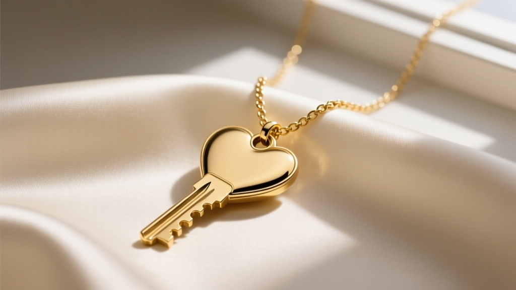 14k yellow gold heart and key necklace on cream silk, soft lighting highlighting intricate key teeth and polished heart.