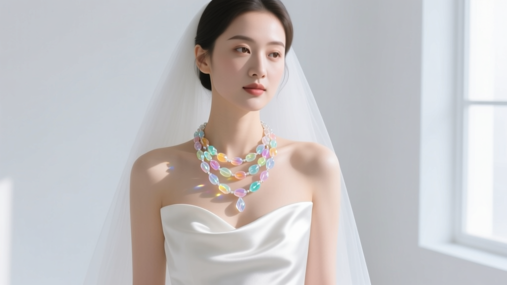 Bride wearing a delicate multi-strand edible rock candy necklace catching sunlight against a white silk wedding dress